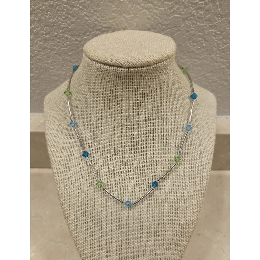 Vintage Sterling Silver, Blue & Green Rhinestone Rod Strand Necklace 16.5 Inches